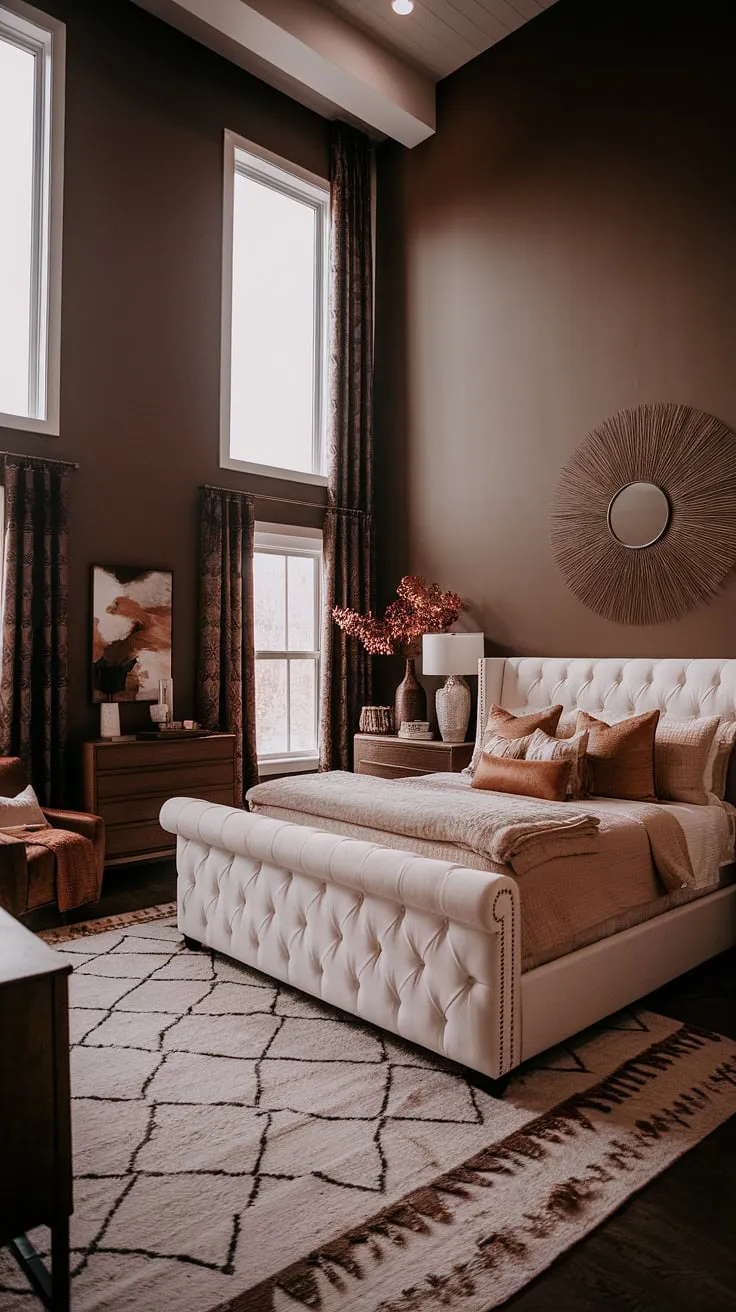This organic modern bedroom features a plush white bed with tan master bedding, complemented by brown furniture and moody walls, creating a boho modern chic atmosphere perfect for fall-inspired interior design.