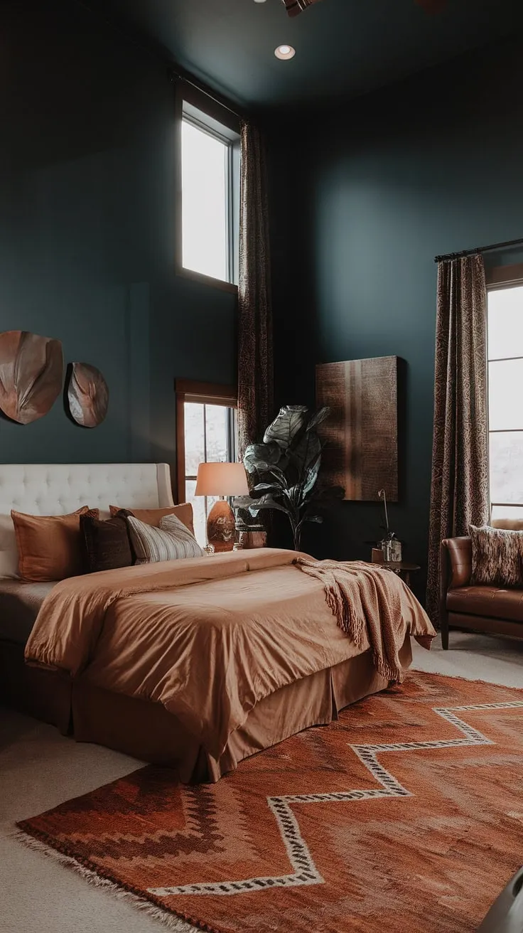 Featuring a dark blue palette, this modern neutral master room combines tan bedding, brown furniture, and stylish decor elements for a cozy yet chic atmosphere.