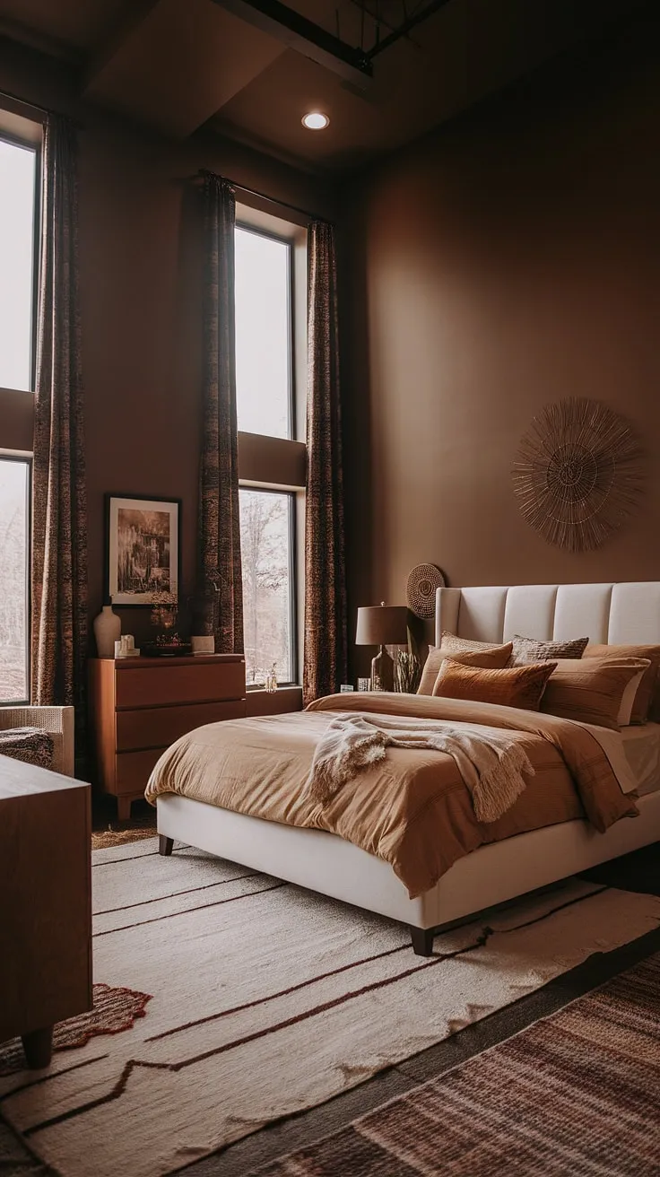 Featuring tall ceilings and stylish rugs, this modern neutral master room blends earthy tones with white bedroom ideas for a cozy yet sophisticated atmosphere.