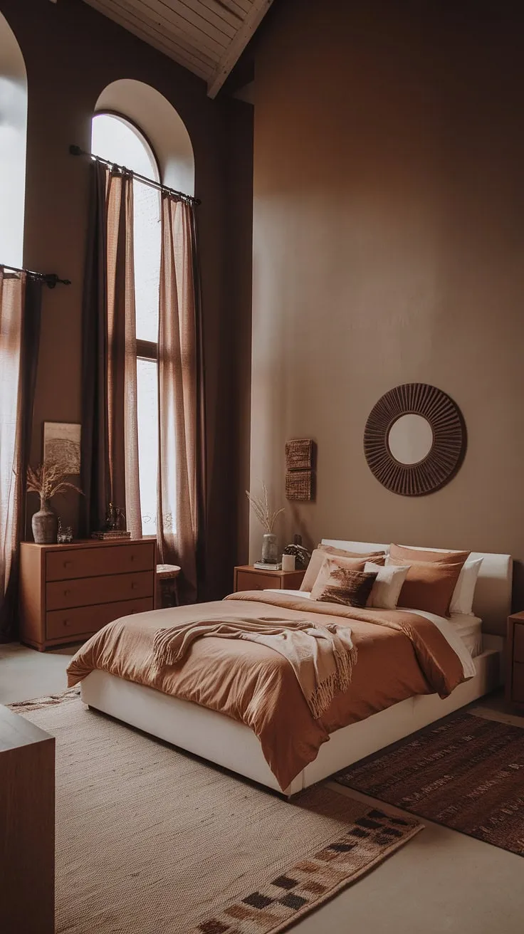This organic modern bedroom features tan master bedding on a white bed, complemented by brown furniture and a moody color palette, creating a boho modern chic vibe with tall ceilings and stylish rugs for a fall-inspired interior design.