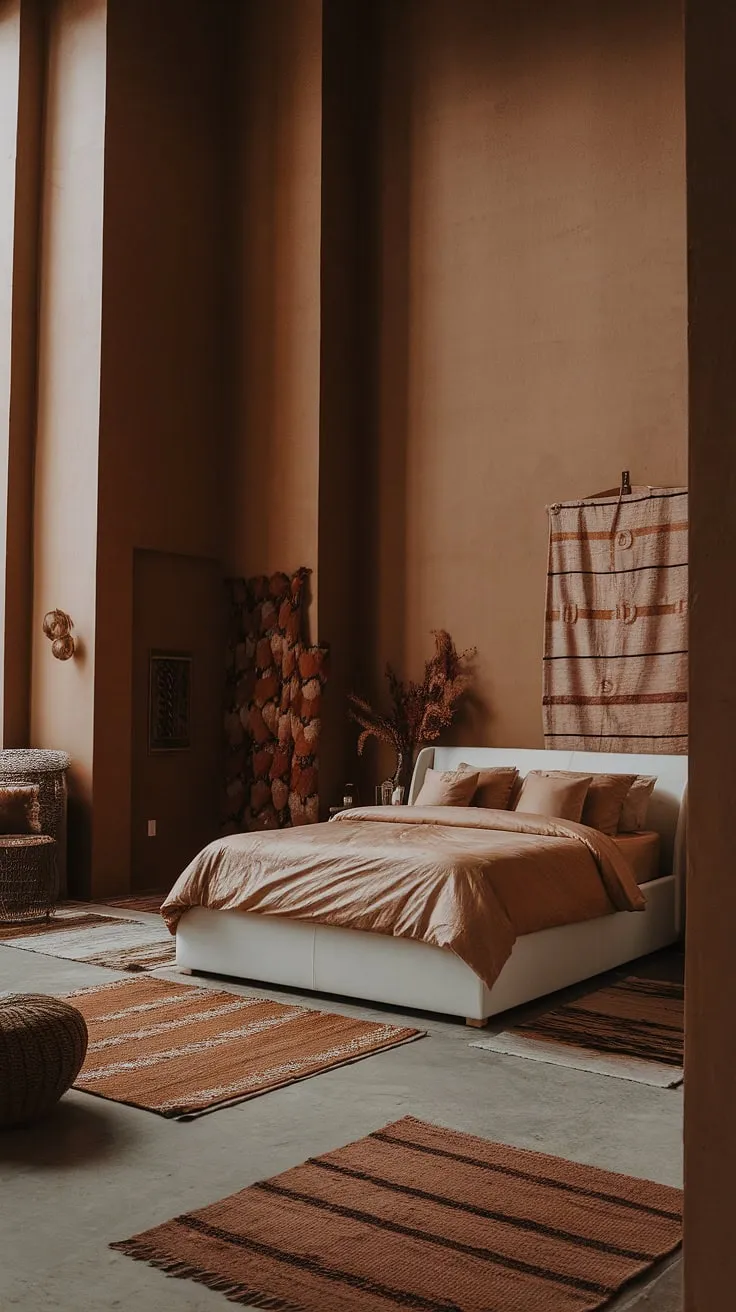 Featuring earthy tones and a white bed, this modern neutral master room combines tall ceilings, tan bedding, and brown furniture for a cozy boho modern chic vibe with fall-inspired decor.
