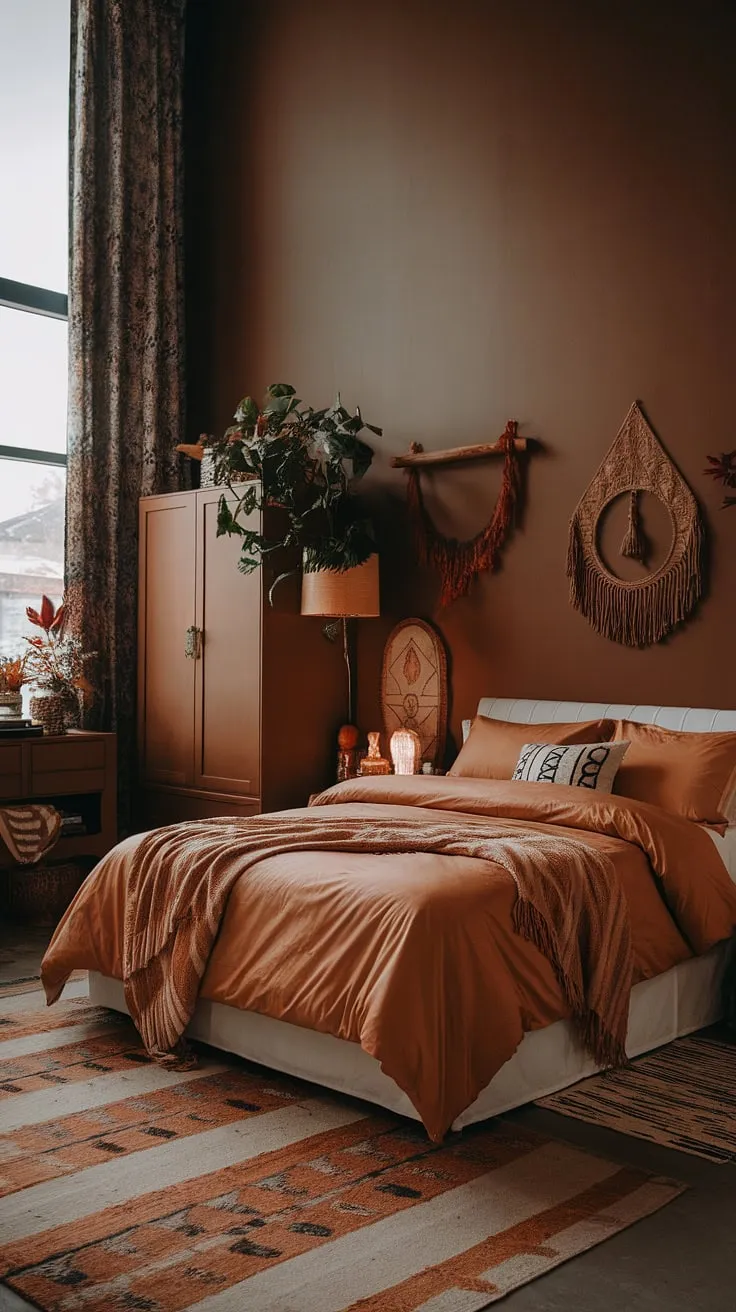 This organic modern bedroom showcases tan master bedding on a white bed, complemented by brown furniture and moody walls, creating a boho modern chic vibe with fall-inspired decor and tall ceilings.