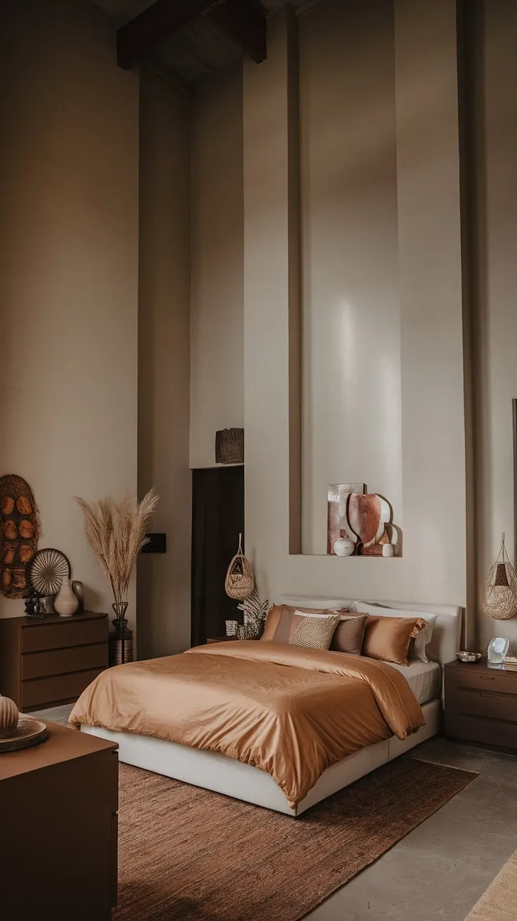 Featuring tall ceilings and a moody atmosphere, this organic modern bedroom combines tan master bedding on a white bed with brown furniture and boho chic decor for a stylish take on white bedroom ideas.