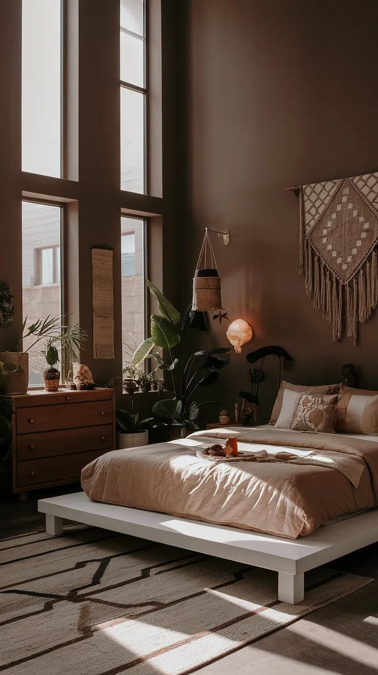 With its white bed, tan bedding, and earthy decor, this modern neutral master room showcases fall-inspired interior design through a blend of brown furniture, rugs, and vibrant plants.