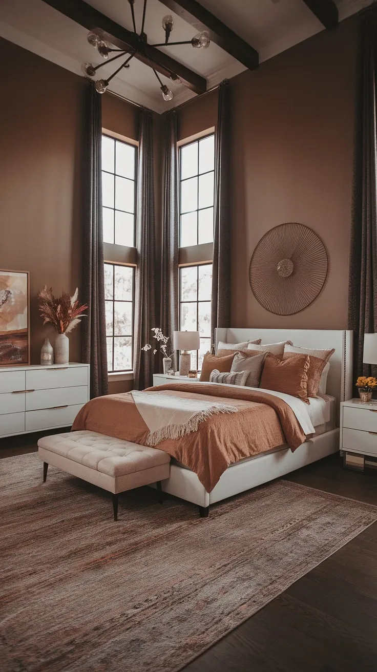 This organic modern bedroom features tan master bedding and a white bed frame, complemented by brown furniture and moody paint, creating a boho modern chic vibe with tall ceilings and fall-inspired decor.