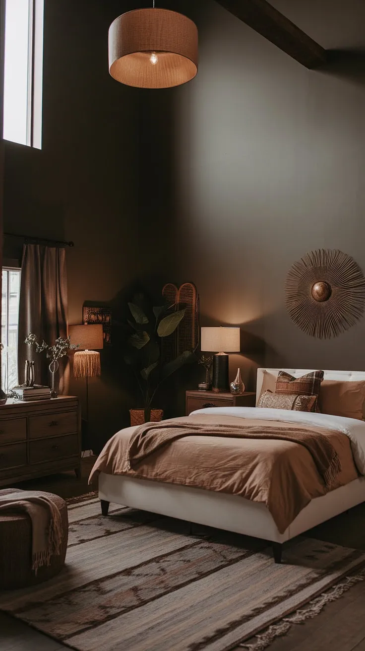 Featuring a moody atmosphere, this organic modern bedroom combines a white bed, tan master bedding, and brown furniture with stylish boho decor and rugs for a cozy yet sophisticated look.
