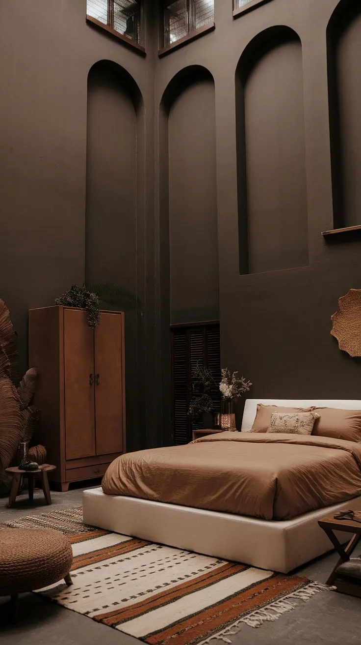 This moody modern bedroom features tall ceilings, a white platform bed with tan master bedding, brown furniture, and boho chic decor, creating a cozy organic modern space perfect for fall-inspired interior design.