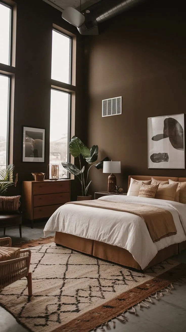 This organic modern bedroom features a white bed with tan master bedding, brown furniture, and a boho chic rug, creating a moody atmosphere perfect for fall-inspired interior design.