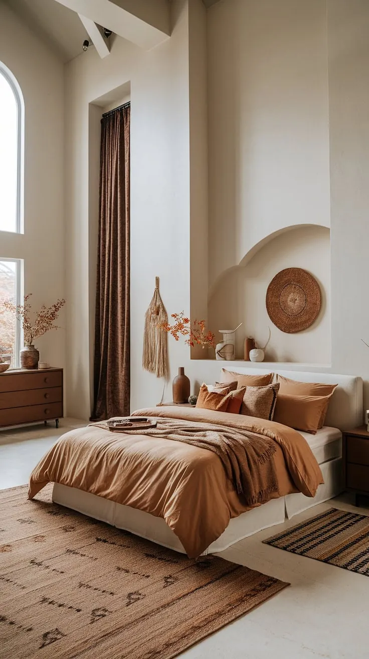 This modern organic bedroom showcases tan master bedding on a white bed, complemented by brown furniture and boho chic decor, all set against tall ceilings and a fall-inspired palette.