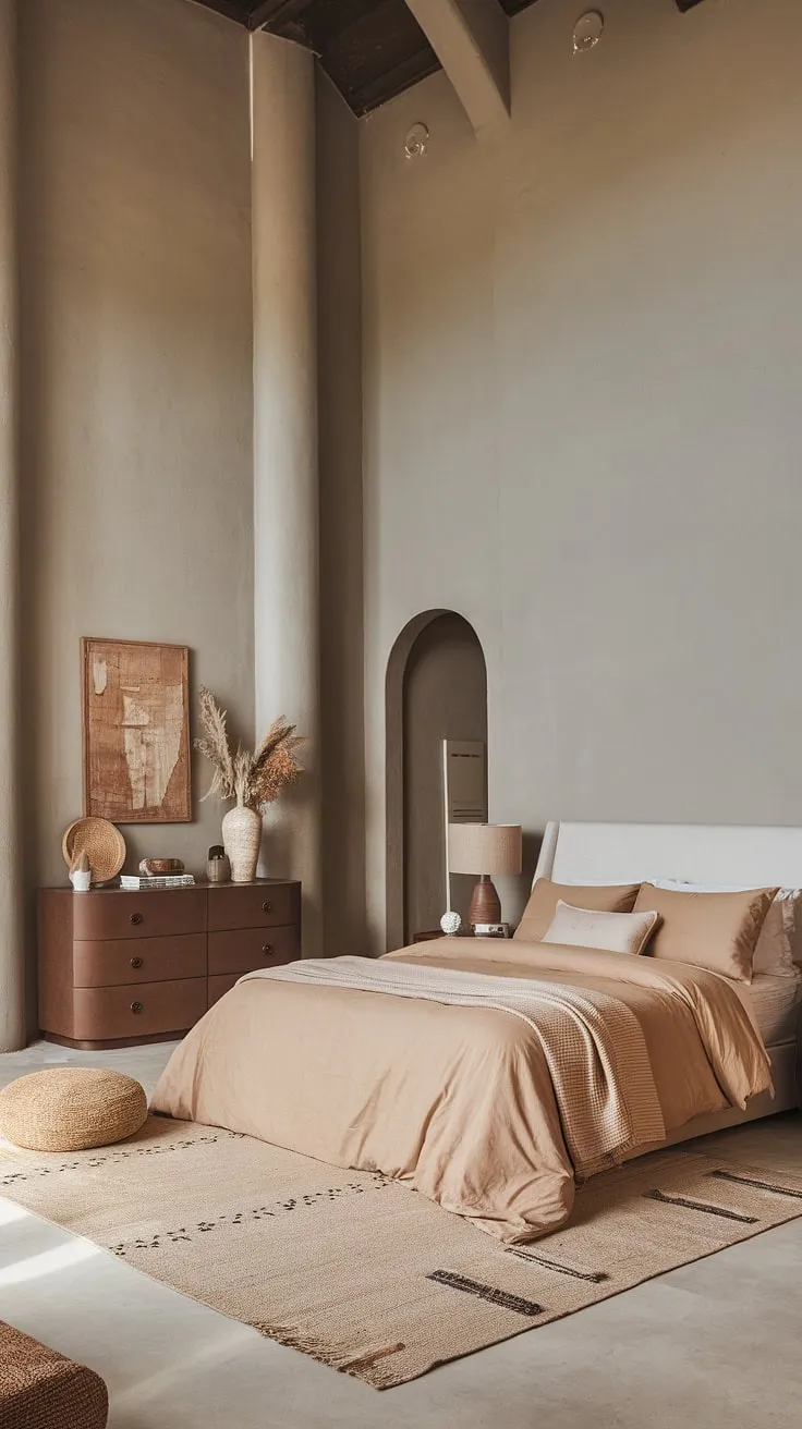 This organic modern bedroom features tan master bedding, brown furniture, and a white bed, creating a boho modern chic vibe with tall ceilings and fall-inspired decor.