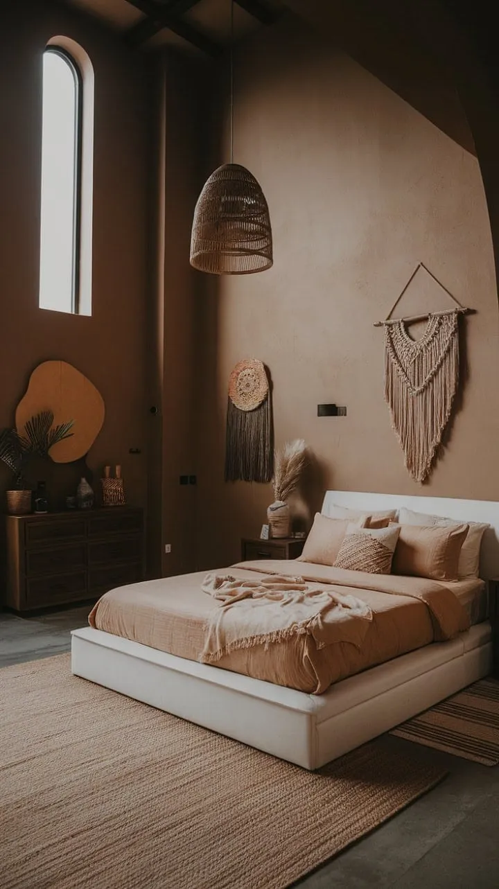 This modern earthy bedroom, with its soaring ceilings and a harmonious blend of textures and boho chic accents, serves as a serene sanctuary of style and comfort.