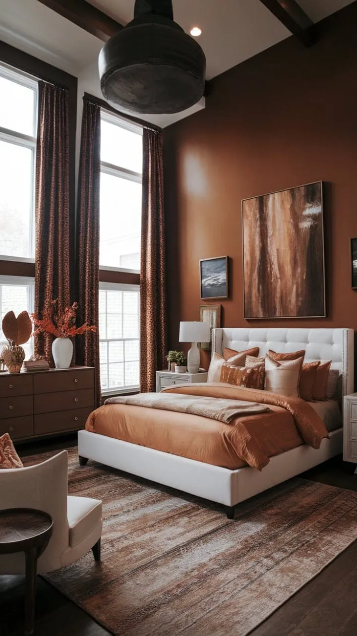 This modern boho bedroom harmoniously combines creamy bedding, white furniture, and warm wood accents to create a serene autumn retreat that invites relaxation.