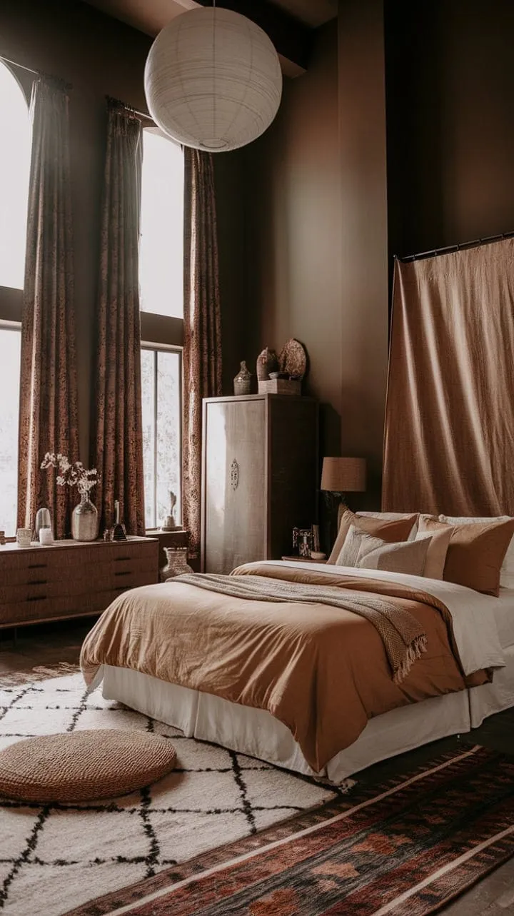 With dark walls and tall ceilings enhancing its spaciousness, this bohemian-inspired bedroom blends warm tan bedding and brown furniture for a serene and inviting retreat.