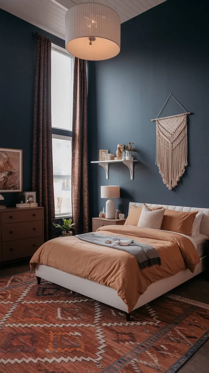 This modern earthy bedroom features tall ceilings and a soothing fall-inspired palette of deep blue, warm tan, and brown, enhanced by boho-chic white accents and a patterned rug.