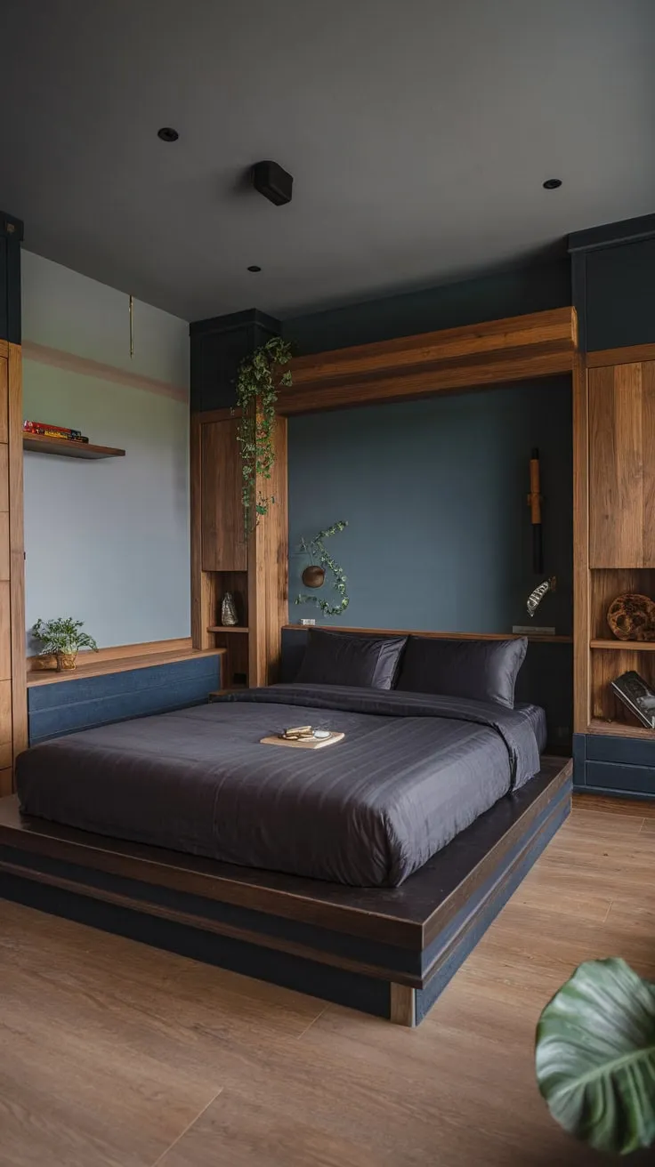 Dark wood and muted blues create a serene modern organic bedroom, enhanced by natural textures and a low-slung bed design.