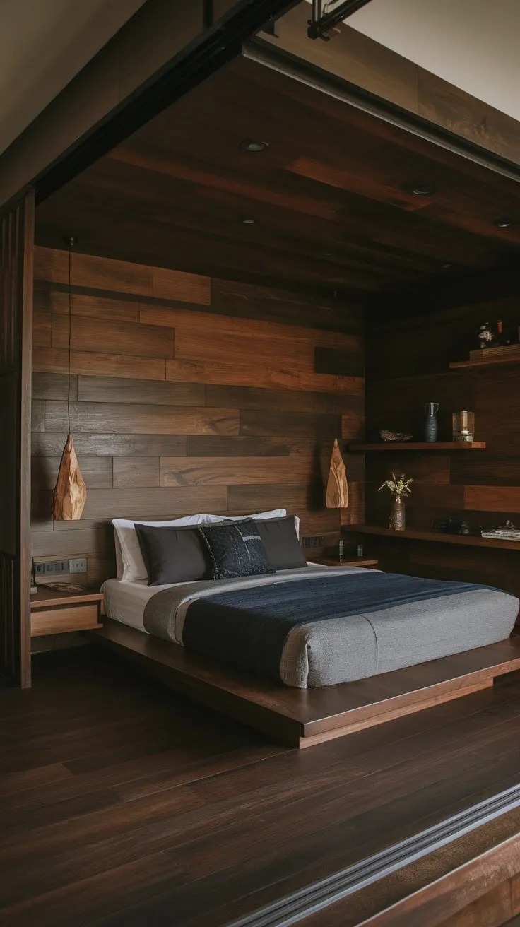Dark wood floors and walls, complemented by dark bedding and simple wooden furniture, define this modern organic sanctuary.