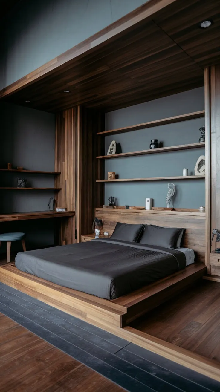 Dark wood and a low bed create a calming, minimalist organic bedroom with a muted blue and gray palette.