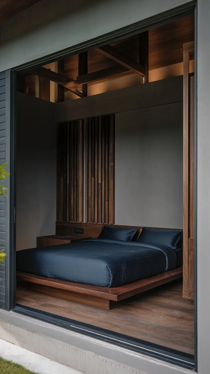 A 2024 design trend, this modern organic bedroom features a low dark-wood bed with blue bedding and a calming gray-walled space.