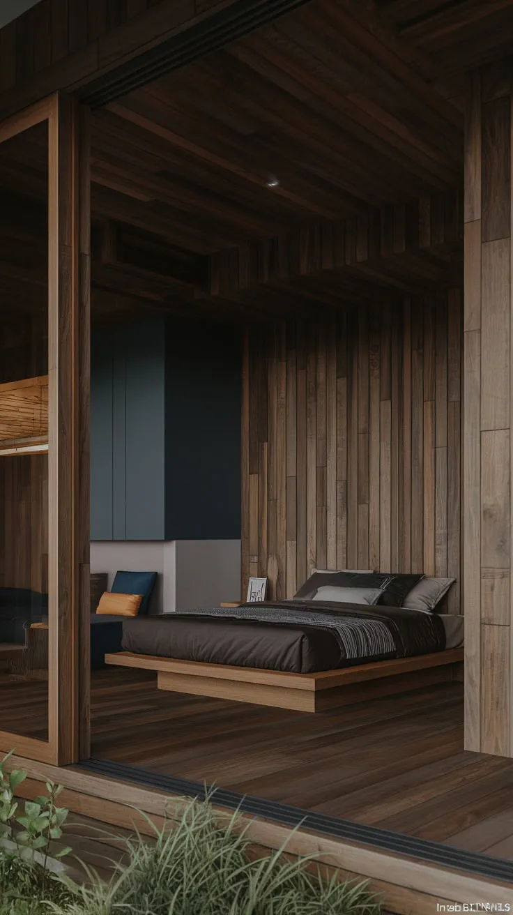2024's modern organic bedroom trend features a low-slung bed and dark wood throughout, creating a sophisticated and calming space