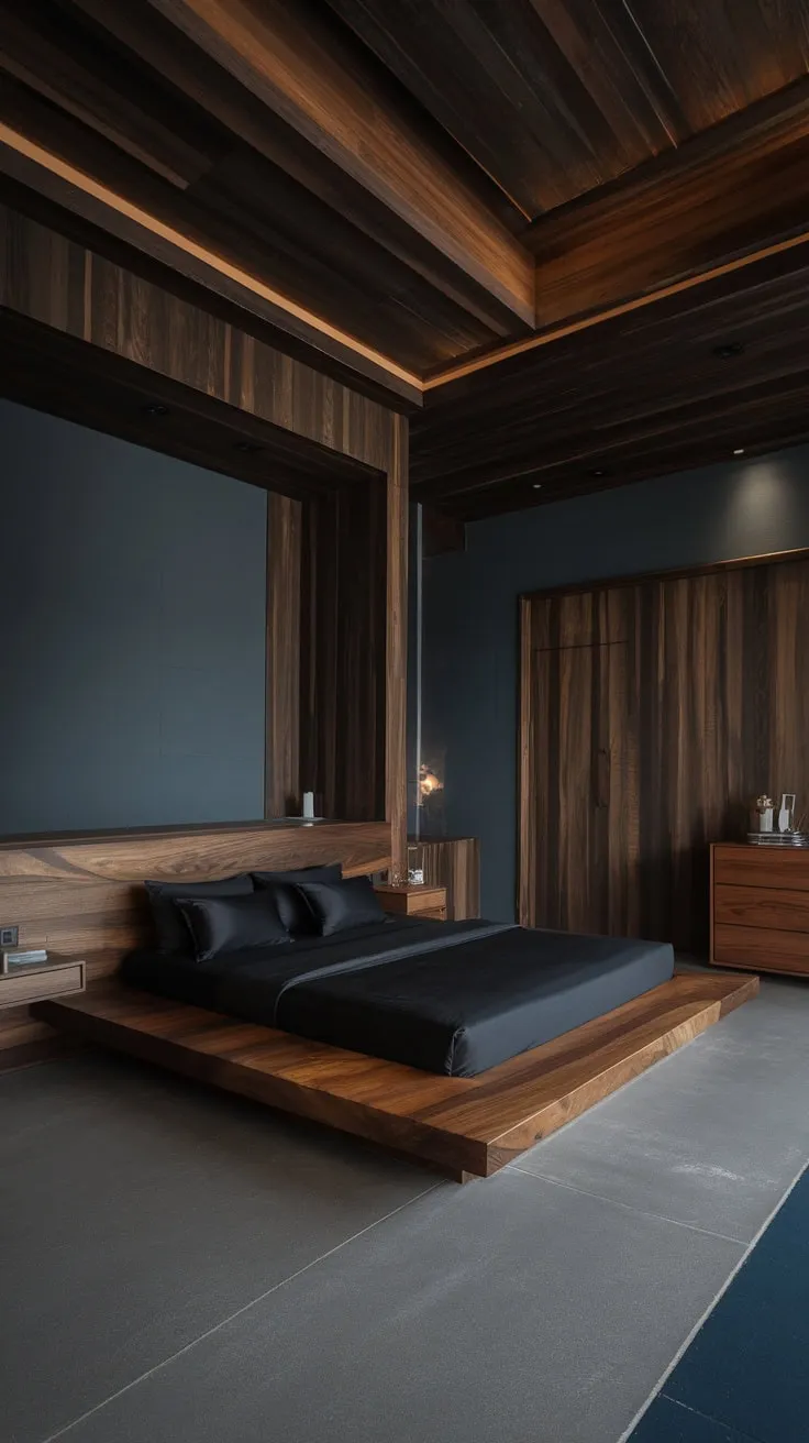 Dark wood dominates this modern bedroom design, creating a moody yet inviting space with gray and dark blue accents.