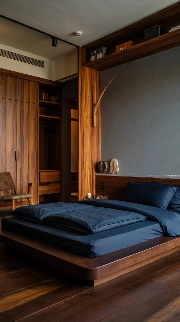 A warm modern bedroom features a low dark-wood bed with blue bedding, gray walls, and rich wooden accents creating a calming organic space