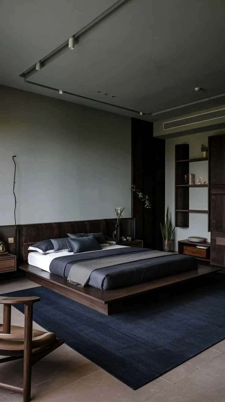 Dark wood and moody tones create a sophisticated, organic sanctuary in this modern bedroom design.