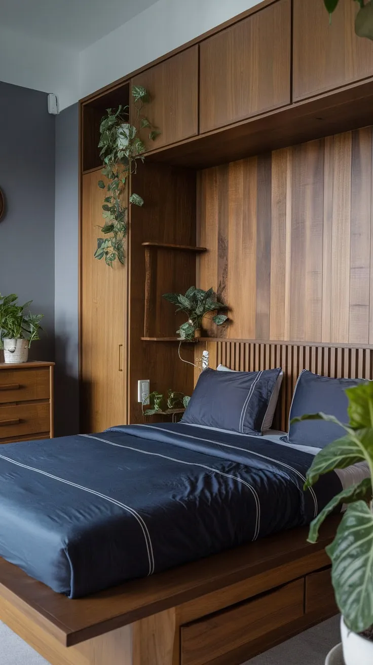 A cozy modern organic bedroom features a low dark wood bed, gray walls, built-in shelving, and potted plants creating a calming atmosphere