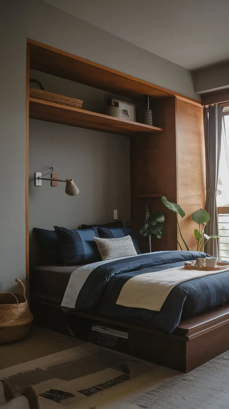 A low dark-wood bed anchors a warm, modern organic bedroom featuring gray walls and natural wood accents.
