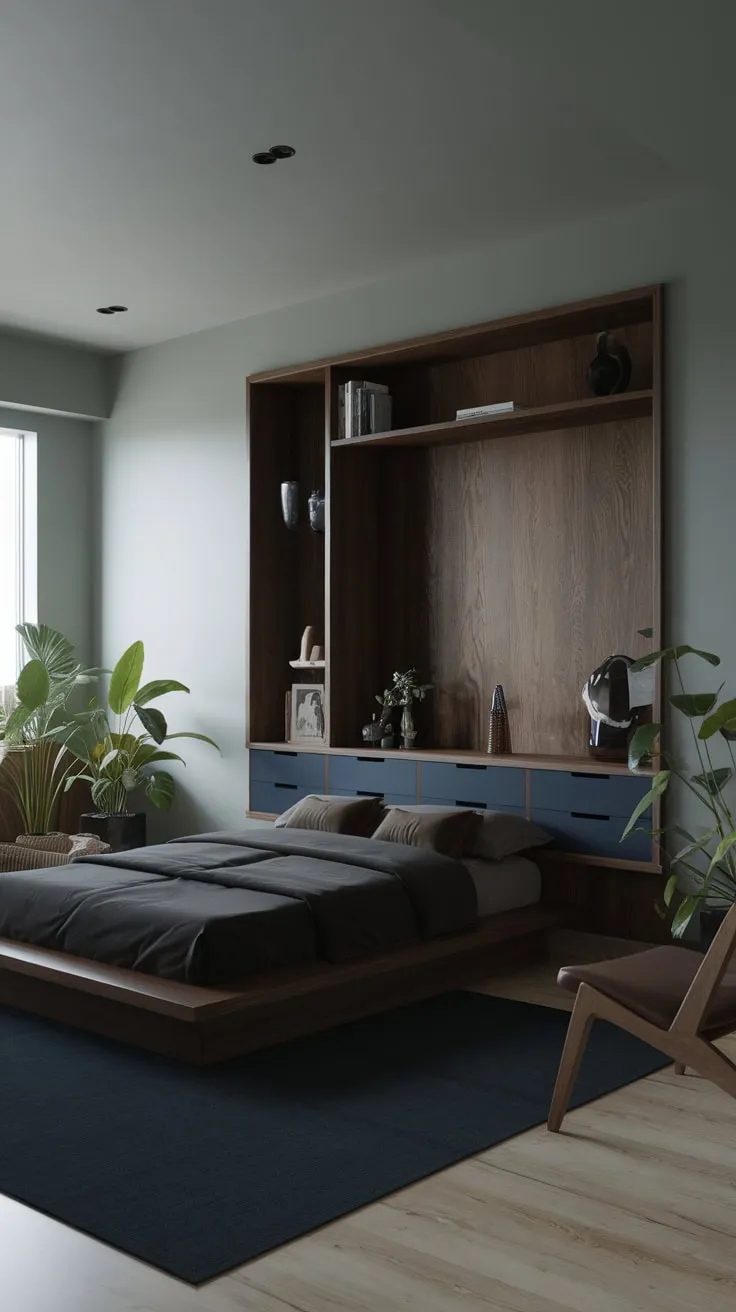 A low dark-wood bed anchors a calming modern organic bedroom, its gray walls and blue accents complemented by natural wood furniture and potted plants.