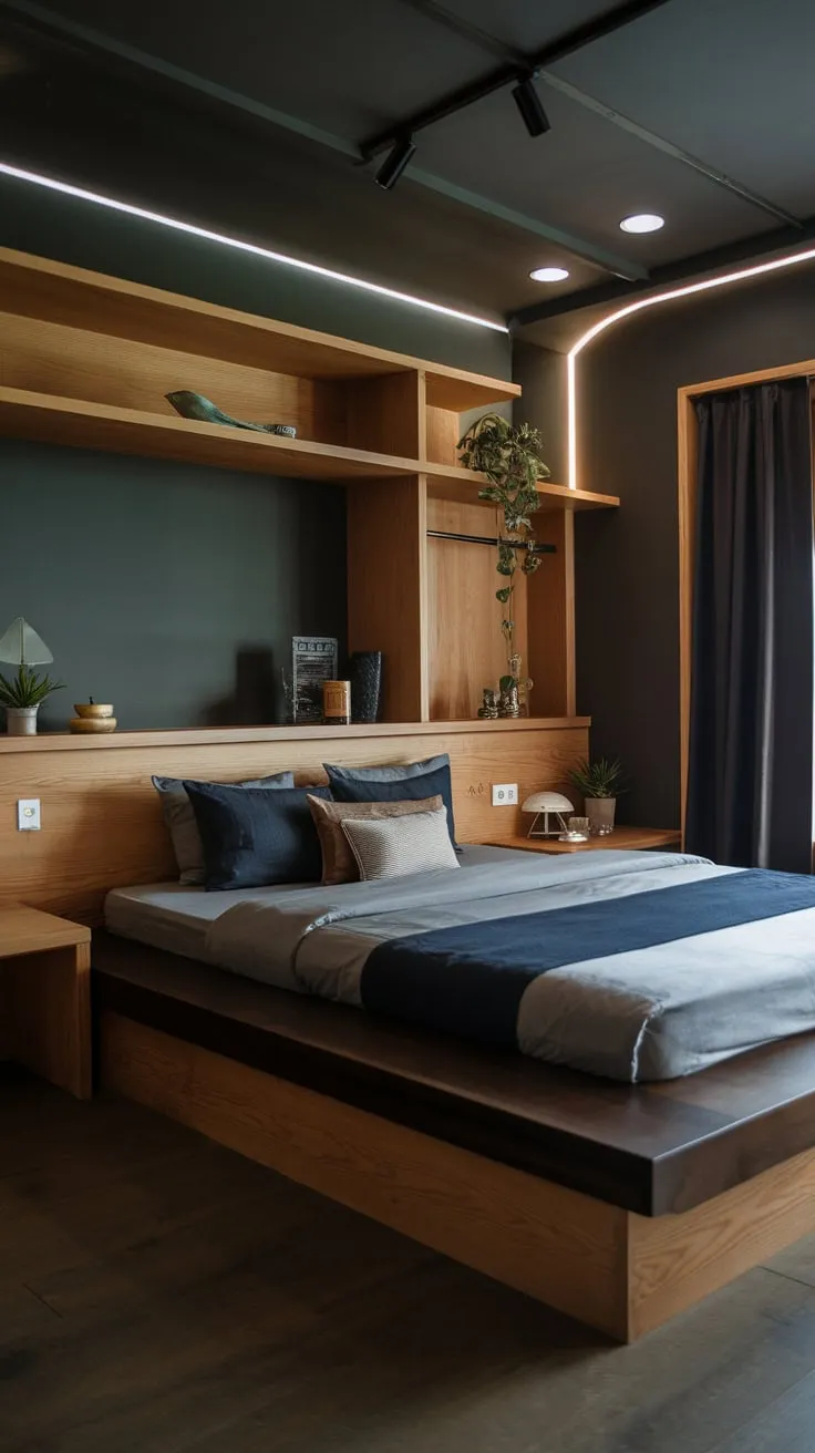 Dark walls and wooden accents enhance the minimalist feel of this organic bedroom's low bed design.