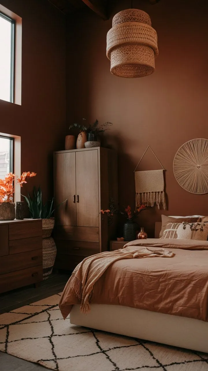 This fall-inspired bedroom blends modern earthy design with tall ceilings and rich wood accents, creating a serene retreat for relaxation and reflection.