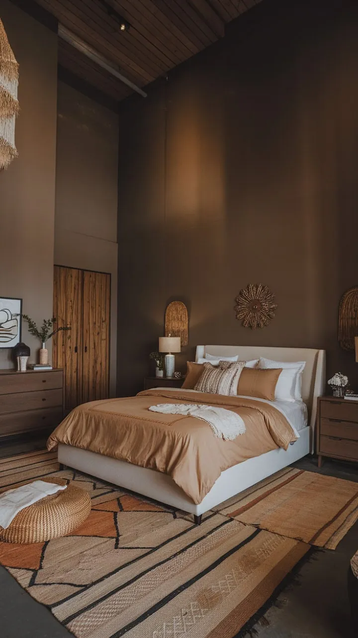 Nestled in earthy tones and plush bedding, this modern bedroom transforms into a tranquil sanctuary, inviting you to unwind and drift into peaceful slumber.