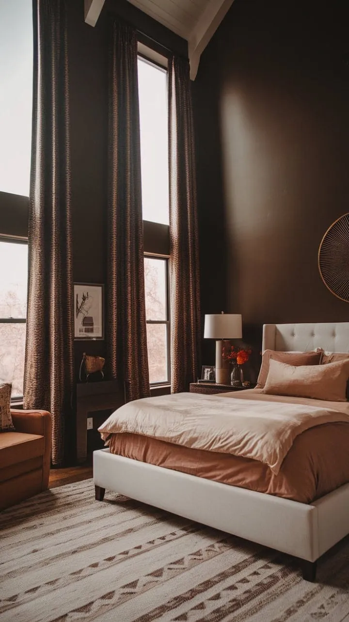 This boho-modern bedroom harmoniously blends deep autumn hues and cozy textures, creating a serene sanctuary that invites relaxation amidst its spacious, lofty design.