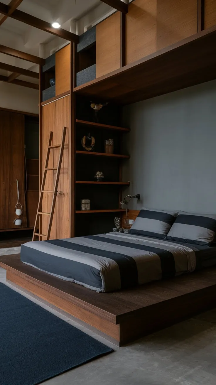 Soft lighting illuminates a calming modern organic bedroom featuring a low dark wood bed, natural wood accents, and a dark blue rug.