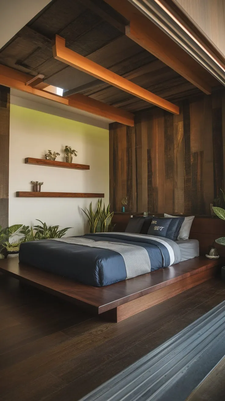 A low dark-wood bed, dark blue bedding, and potted plants create a warm modern organic bedroom sanctuary.