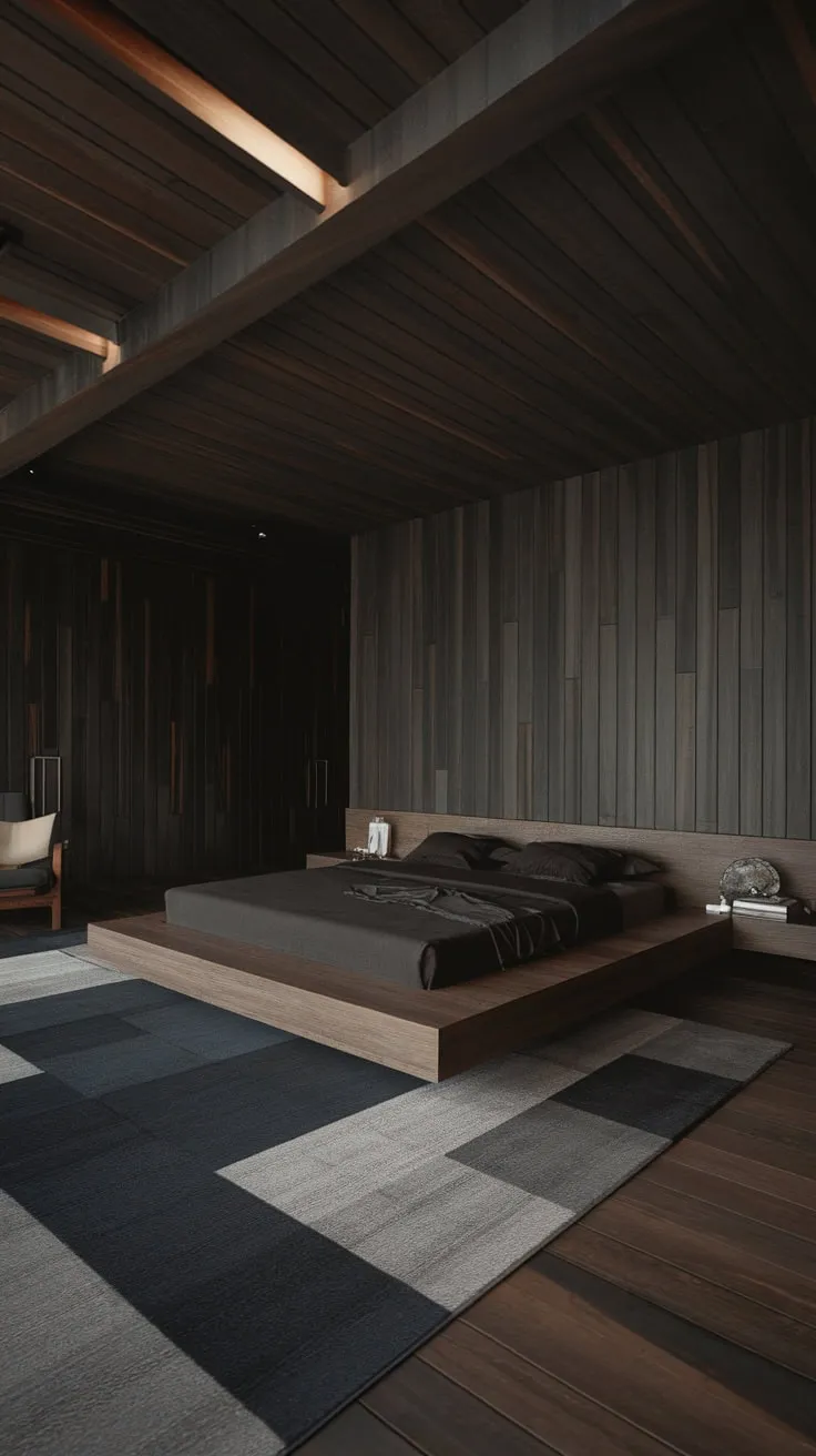 A dark, cozy modern organic bedroom features a low bed, dark wood paneling, and a muted rug for a sophisticated, natural feel