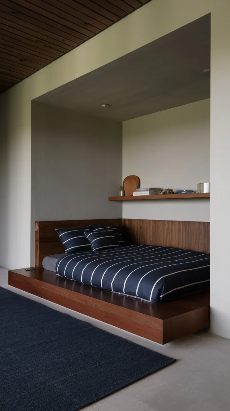 A low dark-wood bed anchors a calming modern organic bedroom, its dark blue and white bedding complemented by a wooden ceiling and gray walls.