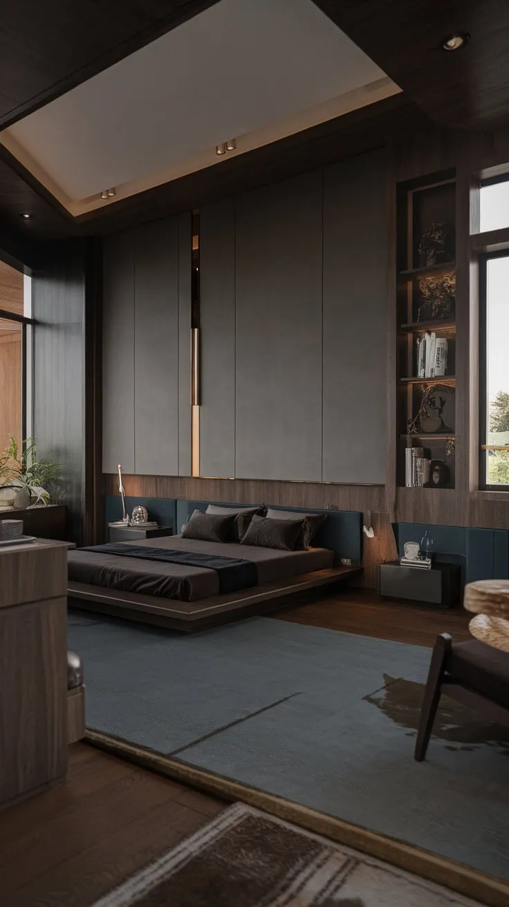 Natural light streams into a sophisticated organic bedroom, its dark wood furnishings and low-slung bed fostering a tranquil atmosphere.