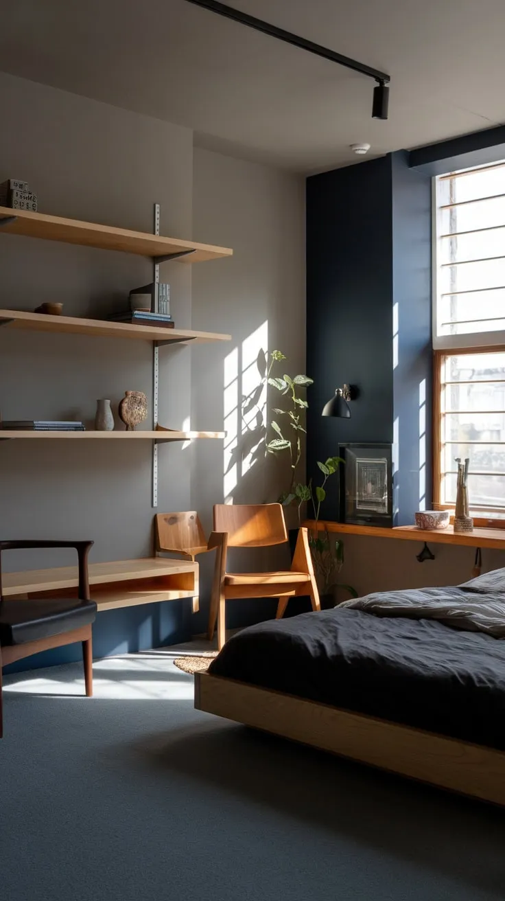 Natural light illuminates a calming modern organic bedroom featuring dark wood, a low bed, and muted blue-gray walls.