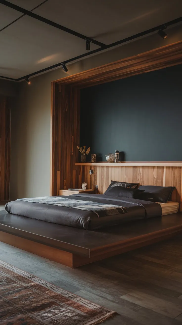 A low-slung bed anchors a sophisticated modern organic bedroom, its dark wood platform and moody color palette complemented by warm lighting and natural textures.