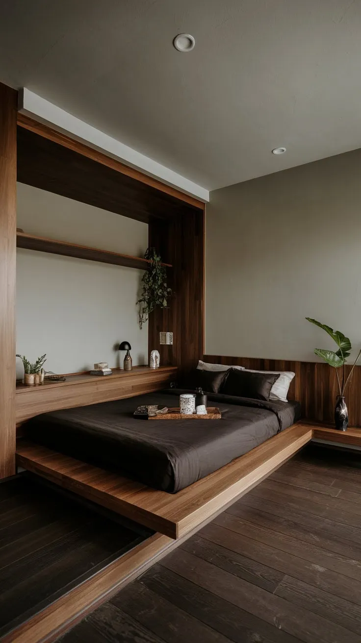 A minimalist organic bedroom boasts a low platform bed, dark wood floors and accents, and light gray walls for a calming, modern retreat