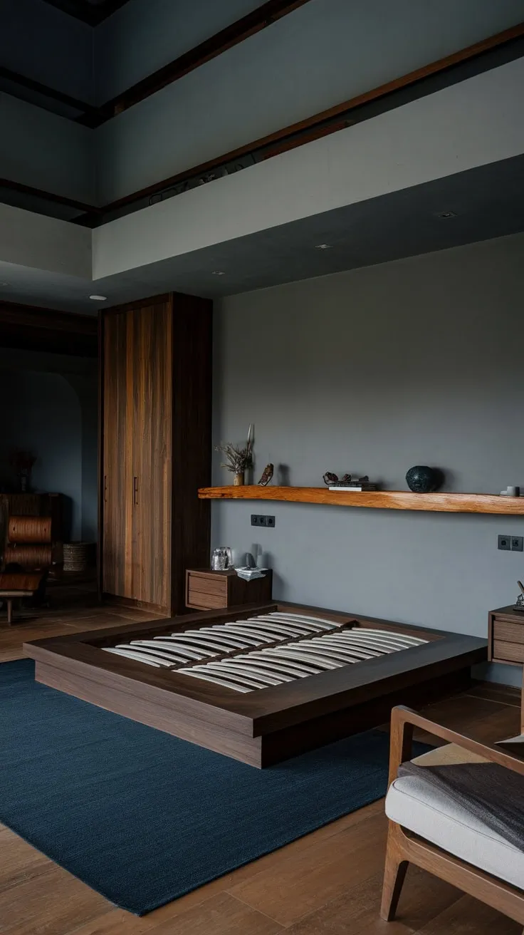 Dark wood and moody blues create a calming, modern organic bedroom sanctuary featuring a low platform bed and built-in shelving.