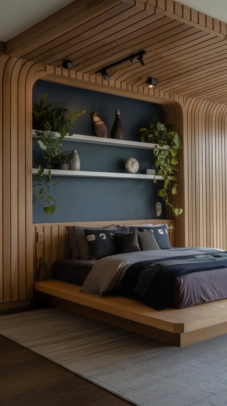 A 2024-inspired modern organic bedroom features a low dark-wood bed, a calming blue accent wall with plants, and dark wood floors for a sophisticated, natural feel