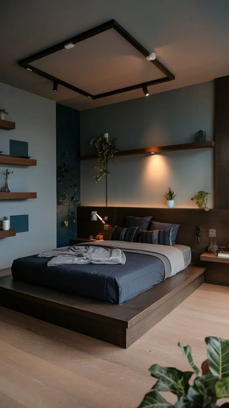 A low-slung dark wood bed, built-in shelves, and warm lighting create a sophisticated modern organic bedroom sanctuary.