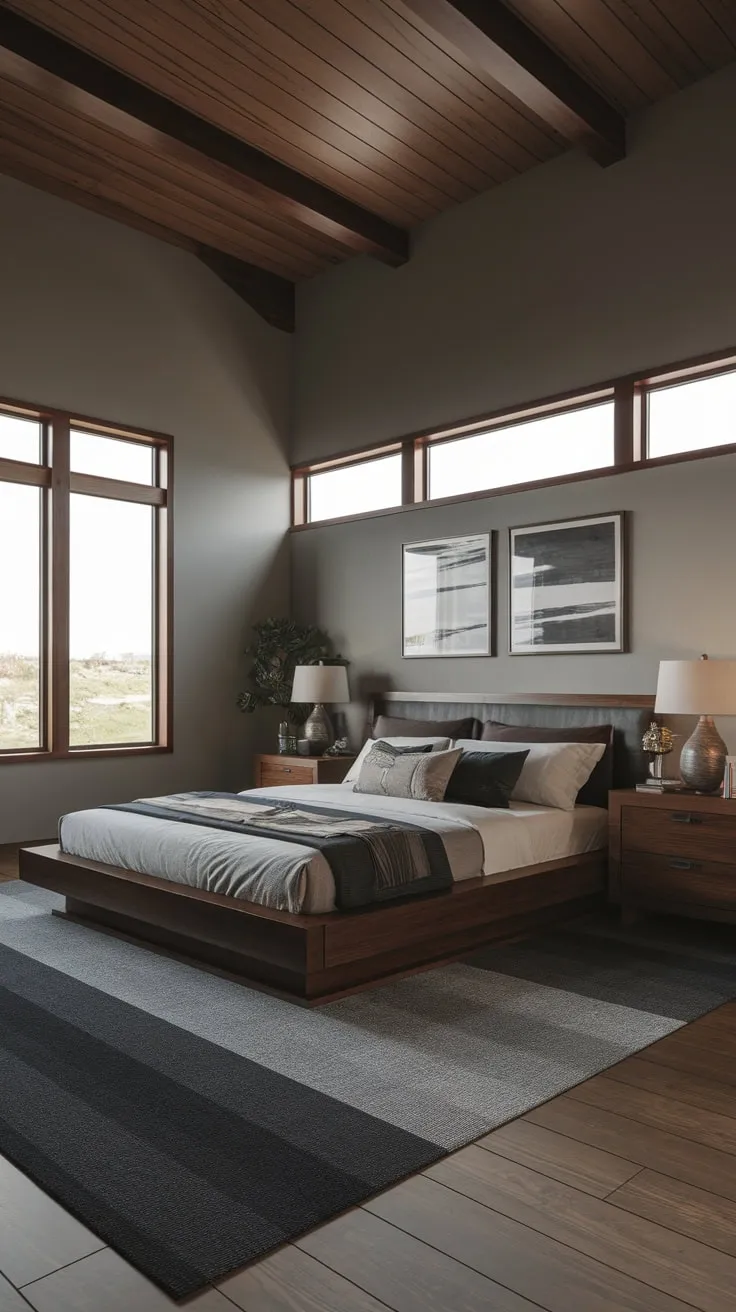 A minimalist dark wood bedroom design offers a tranquil retreat with natural light and organic accents.