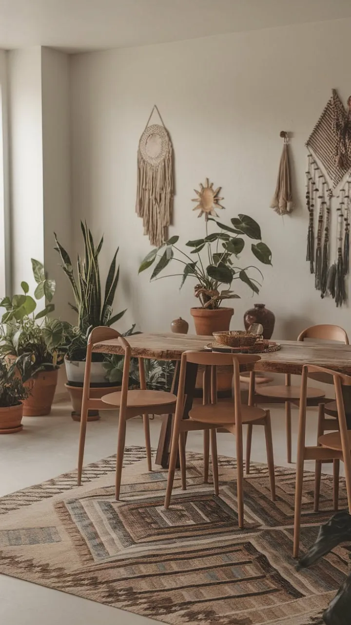 This modern dining room blends rustic charm and eclectic greenery to create a serene sanctuary for intimate gatherings.