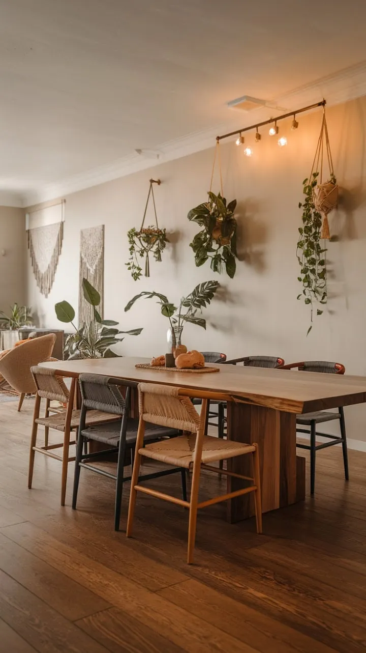 Experience a serene escape in this organic boho dining space, where natural wood, vibrant woven chairs, and soft lighting invite connection and transform every meal into a celebration.