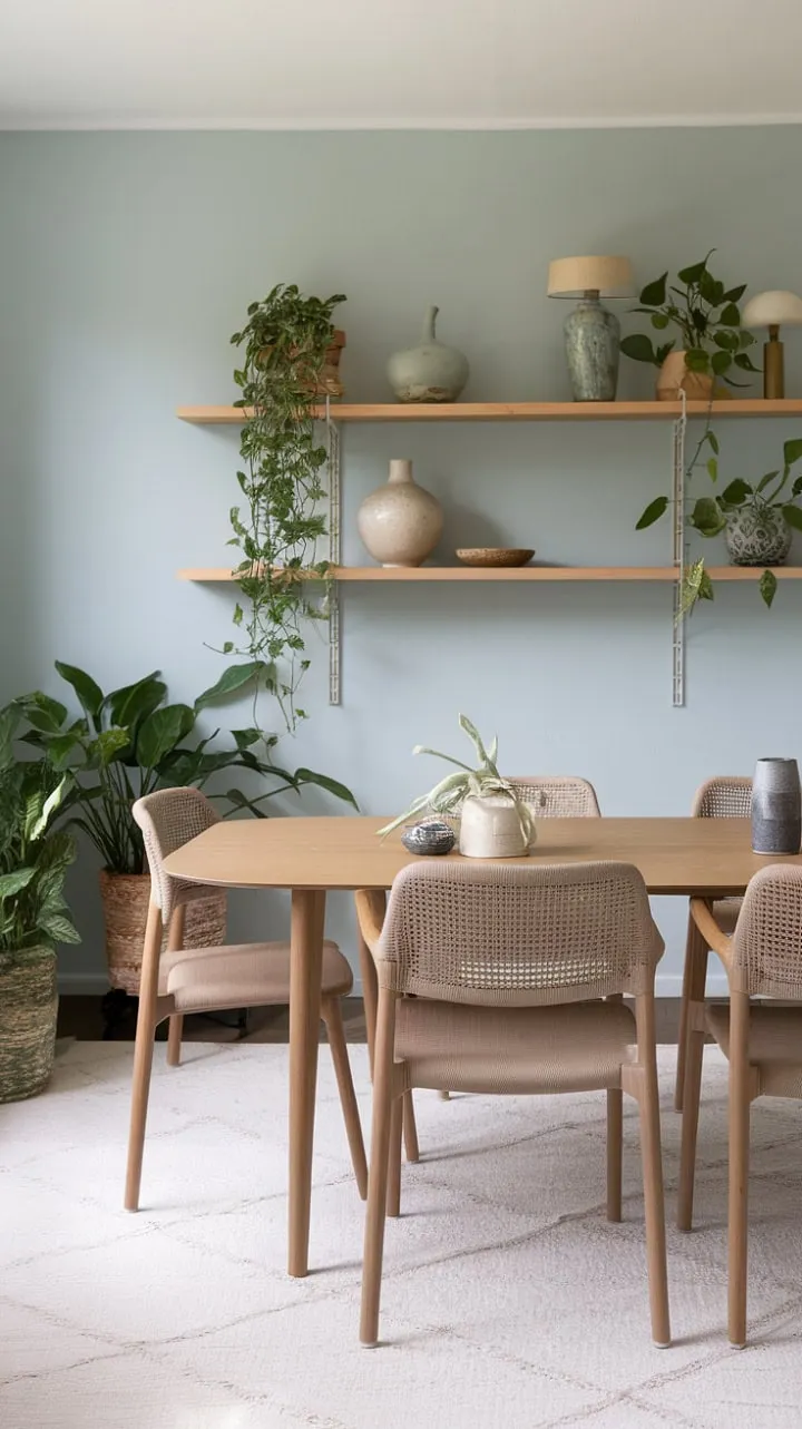 Bathed in sunlight, this serene dining space harmoniously blends organic boho charm with modern comfort, creating a calming oasis for connection amidst lush greenery and curated details.