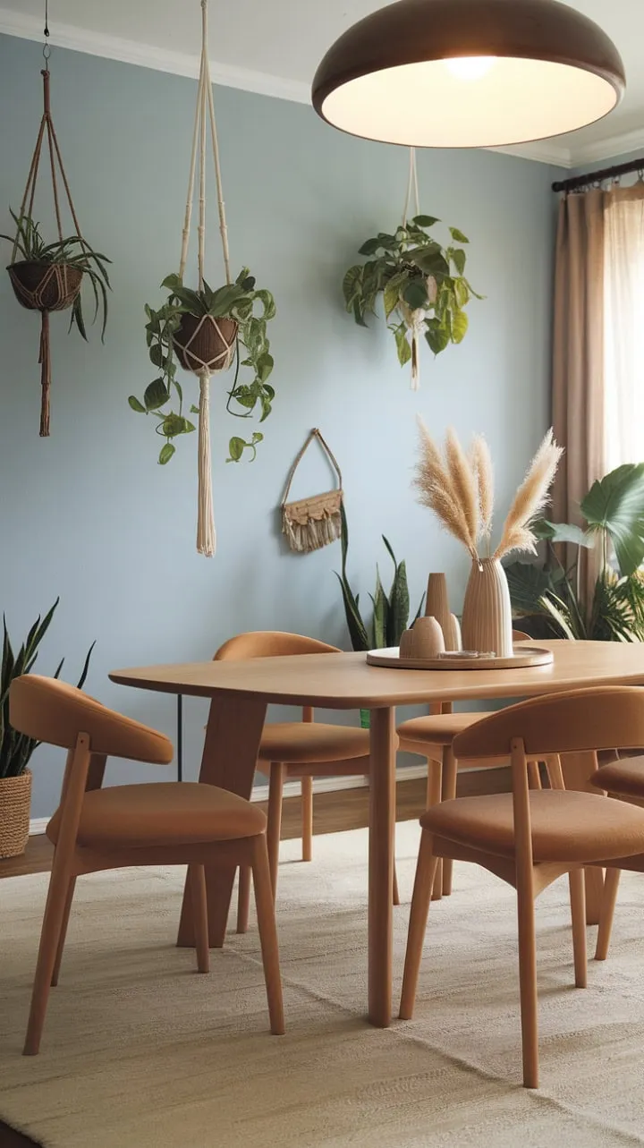 Bathed in sunlight, this serene boho-inspired dining area harmoniously blends modern elegance with natural warmth, inviting cherished memories to unfold.