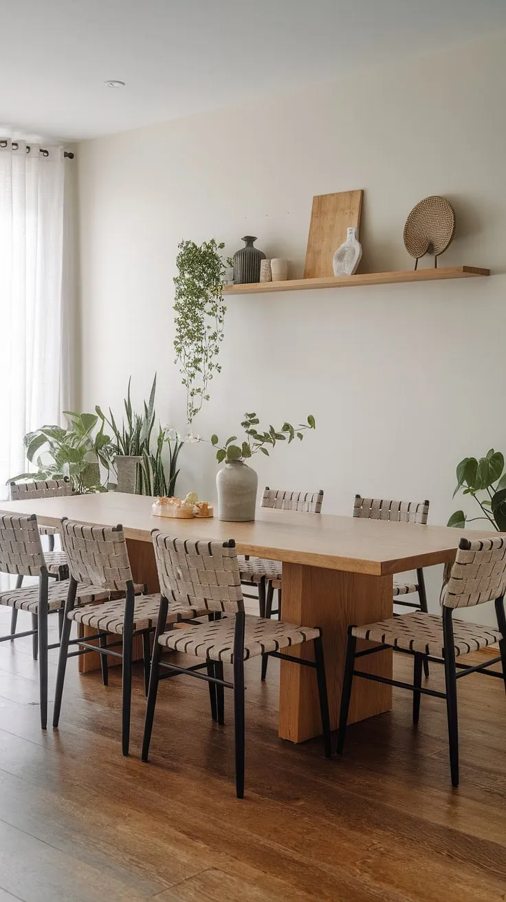 This organic modern dining room features a large wooden table and woven chairs, complemented by white walls and boho-inspired decor, offering fresh dining room ideas and inspiration.